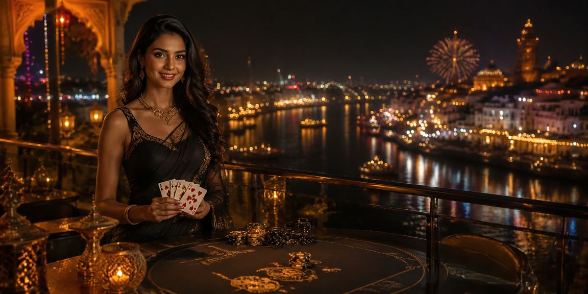 Indian woman playing Teen Patti in a night market